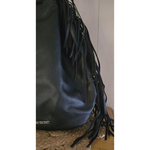 Victoria's Secret Black Ladies Drawstring Faux Leather Backpack - Picture 3 of 7
